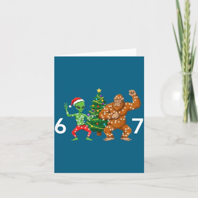 6 7 Meme Christmas Alien Sasquatch Six Seven Fun  Card (Front)