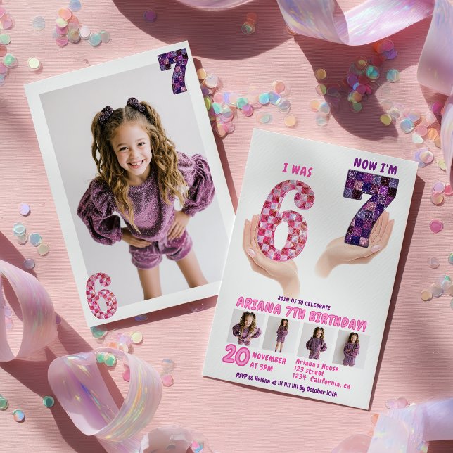 6 7 Meme Retro Pink Purple Checker Kids Birthday Invitation (6 7 Meme Retro Pink Purple Checker Kids Birthday Invitation)