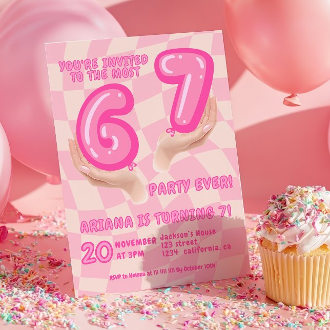 6 7 Meme Trend Six Seven Birthday party Retro Pink Invitation (6 7 Meme Trend Six Seven Birthday party Retro Pink Invitation)