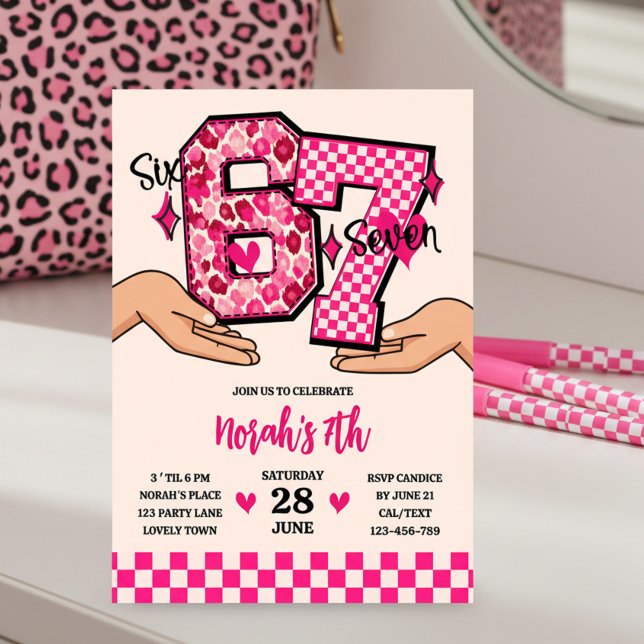 6 7 Meme Varsity Leopard Chequerboard Girl's Party Invitation (Varsity 6 7 numbers in hands meme with checkerboard and leopard print )