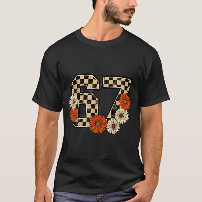 6 7 Retro Fall Meme Checkerboard Tee Haunted By 67 (Front)