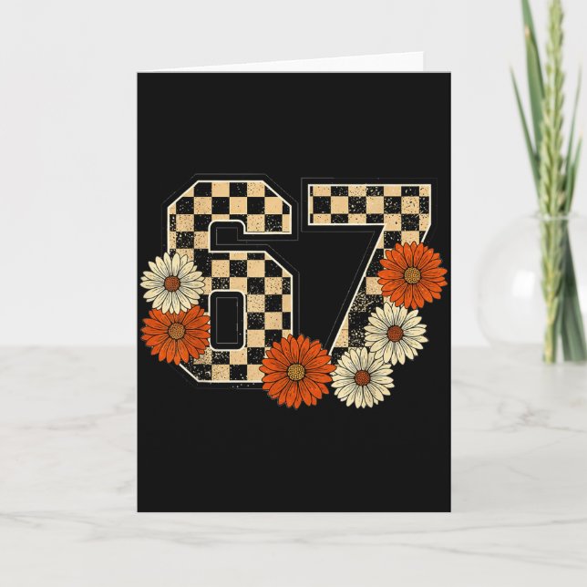 6 7 Retro Fall Meme Chequerboard Tee Haunted By 67 Card (Front)