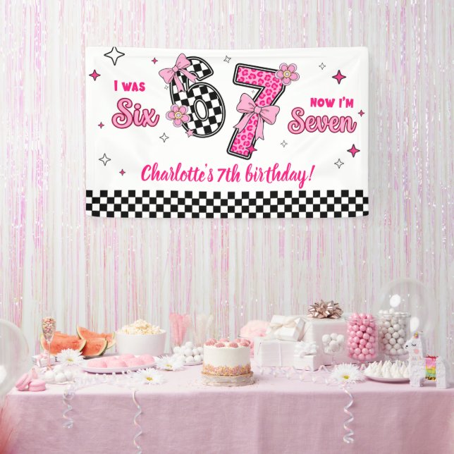6 7 Six Seven Meme Trend Pink Girls 7th Birthday Banner (Party)
