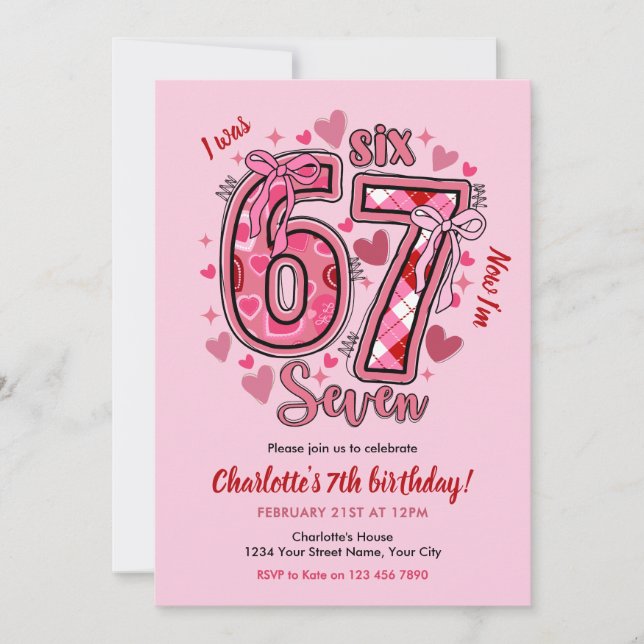 6 7 Six Seven Meme Trend Pink Girls 7th Birthday Invitation (Front)