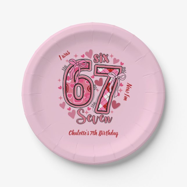 6 7 Six Seven Meme Trend Pink Girls 7th Birthday Paper Plate (Front)
