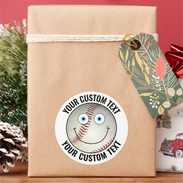 6 Baseball Personalised Text Custom Happy Face 3" Classic Round Sticker (Holiday)