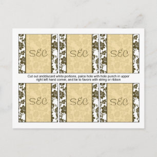 6 Brown/Creme Floral Damask Wedding Favour Tags Postcard