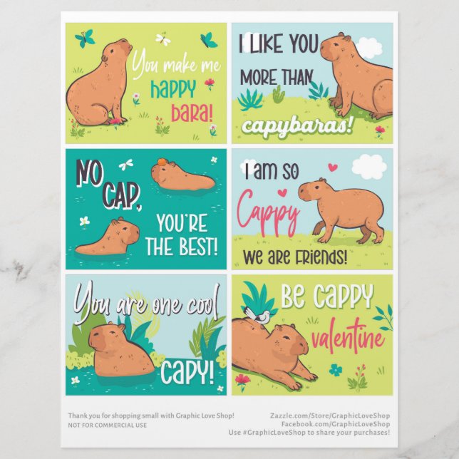 6 Capybara Kids Classroom Valentine's Day Cards Custom Letterhead (Front)
