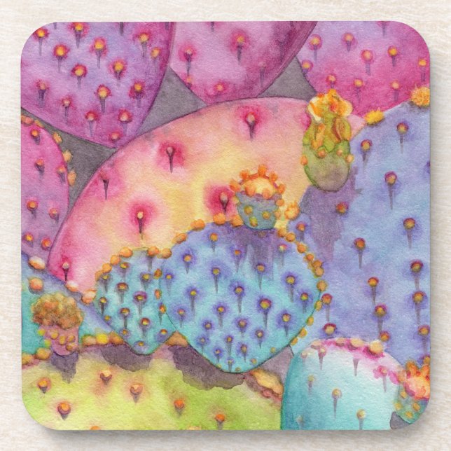 6 Colourful Desert Cactus Drink Coasters with Cork (Front)