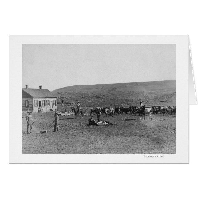 6 Cowboys Branding Cattle Near House Photograph (Front Horizontal)