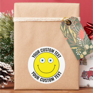 6 Custom Personalized Happy Face YELLOW, Blue Eyes Classic Round Sticker