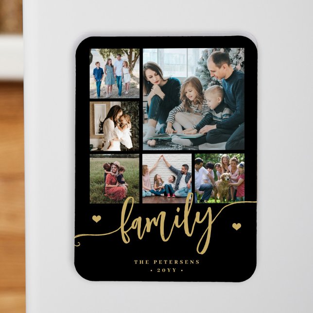 6 family photo collage black gold script  magnet (Creator Uploaded)