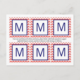 6 Favour Tags Coral Navy Blue Chevron Name Focus Postcard