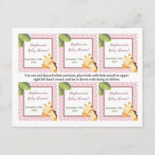 6 Favour Tags Safari Jungle Giraffe Pink Invitation Postcard