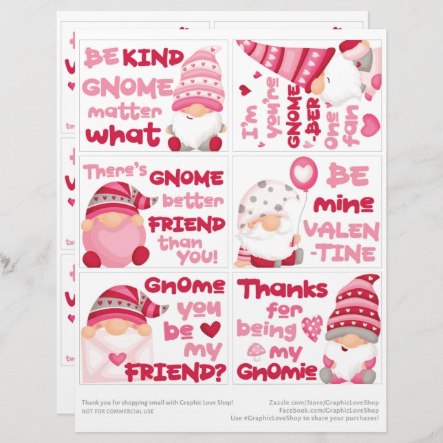 6 Gnome Kids Classroom Valentine's Day Cards Custom Letterhead (Front/Back)
