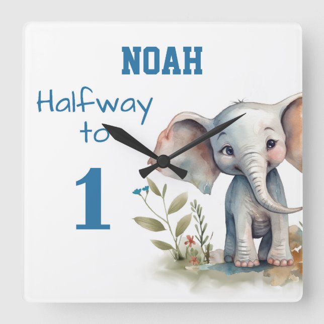 6 month Birthday Elephant Square Wall Clock (Front)