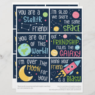 6 Outer Space Kids Classroom Valentine's Day Cards Custom Letterhead