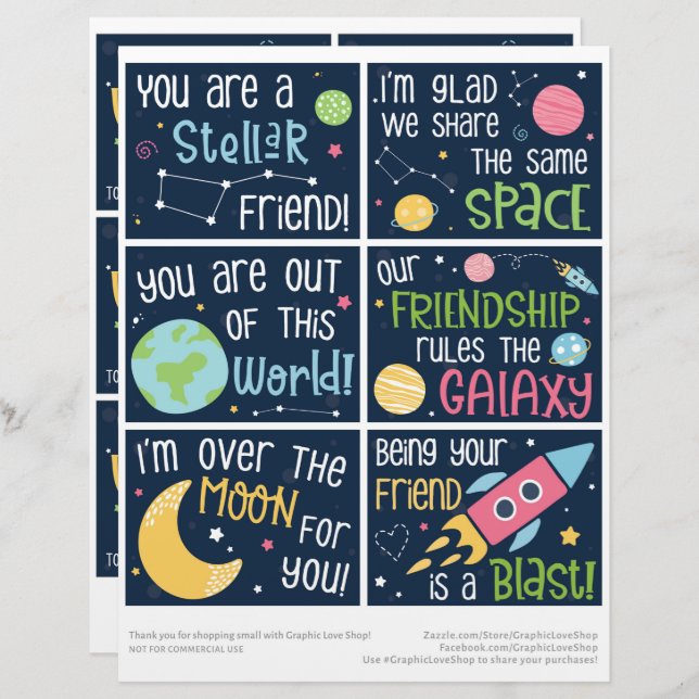 6 Outer Space Kids Classroom Valentine's Day Cards Custom Letterhead (Front/Back)