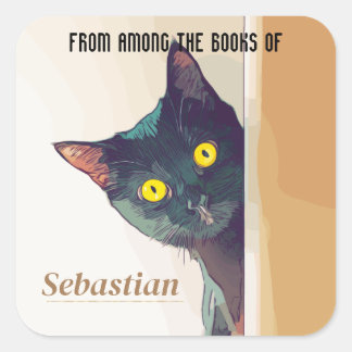 6 Personalised Bookplate/Nameplate with Cat Motif  Square Sticker
