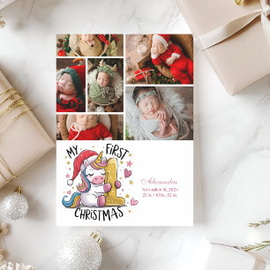 6 Photo 1st Baby Christmas Pink Gold Unicorn Holiday Card
