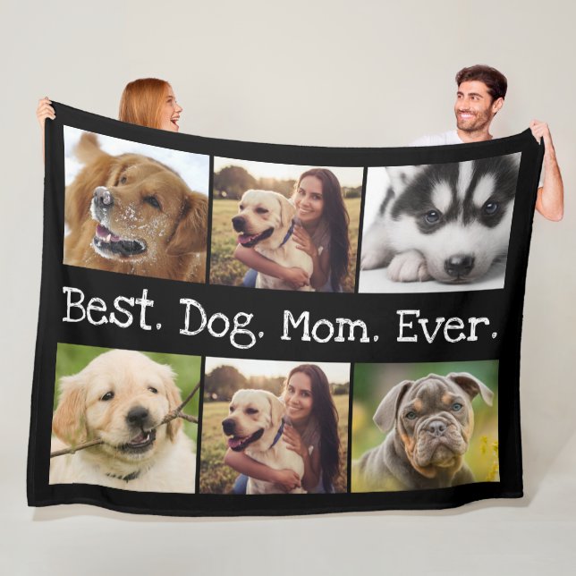 6 Photo Best Dog Mom Ever Collage Black and White Fleece Blanket (In Situ)