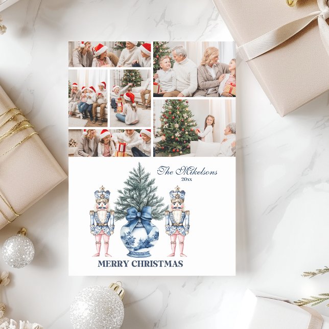 6 Photo Blue Chinoiserie Nutcracker Christmas Holiday Card (Creator Uploaded)