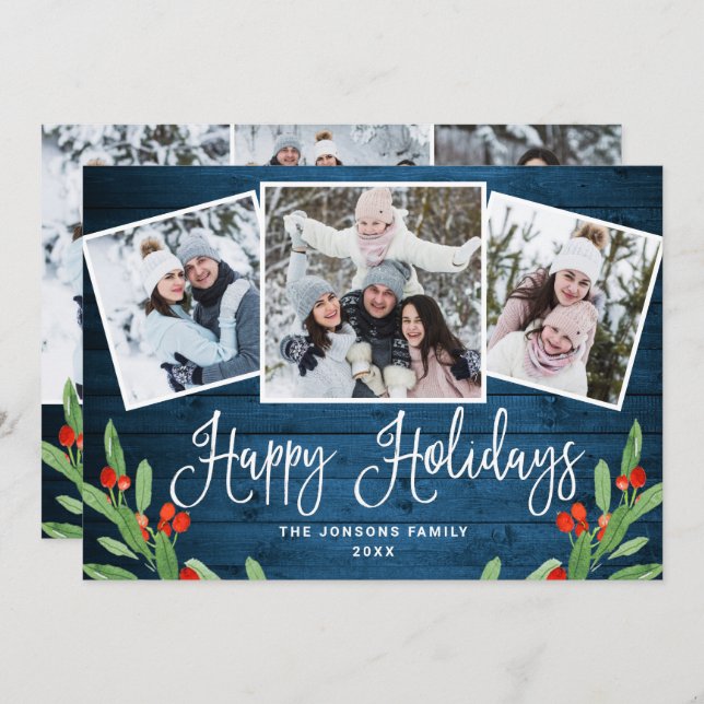 6 PHOTO Christmas Rustic Blue Wood Greeting Holiday Card (Front/Back)