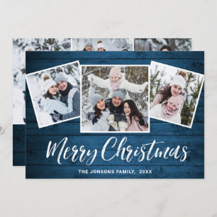 6 PHOTO Christmas Rustic Blue Wood Greeting Holiday Card