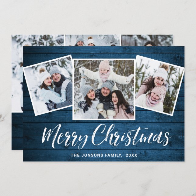 6 PHOTO Christmas Rustic Blue Wood Greeting Holiday Card (Front/Back)