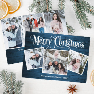 6 PHOTO Christmas Rustic Blue Wood Greeting Holiday Card