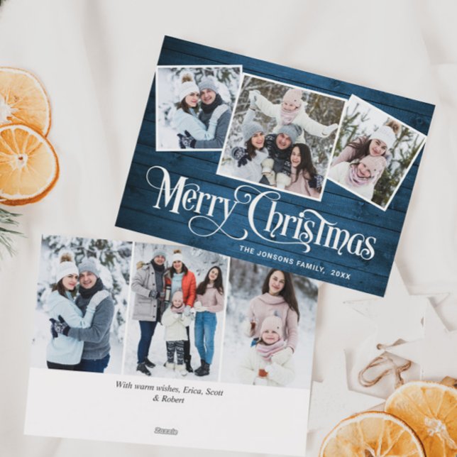 6 PHOTO Christmas Rustic Blue Wood Greeting Holiday Card (Creator Uploaded)