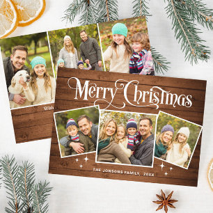 6 PHOTO Christmas Rustic Brown Wood Greeting Boho Holiday Card
