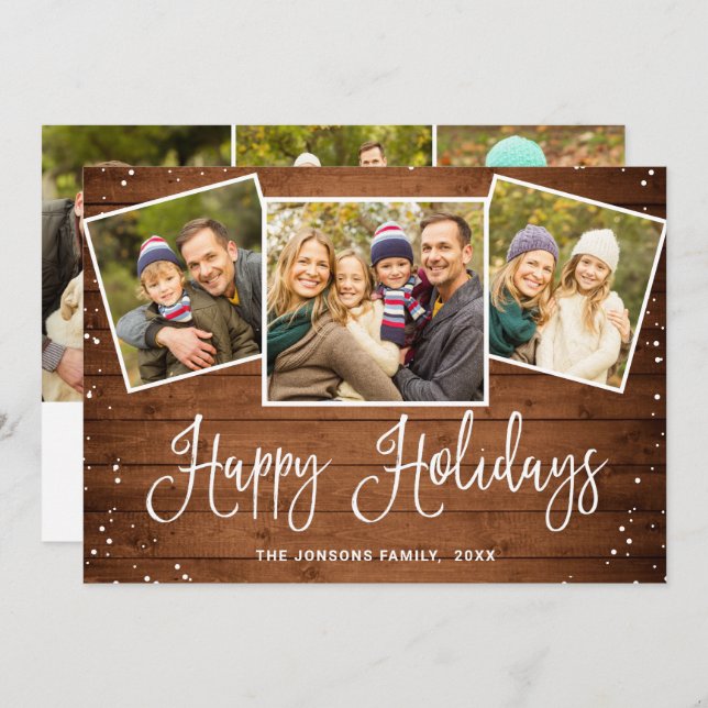 6 PHOTO Christmas Rustic Brown Wood Greeting Holiday Card (Front/Back)