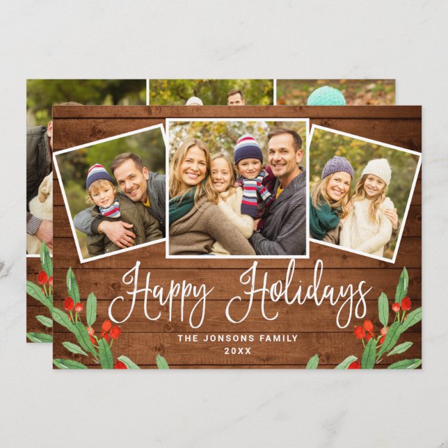 6 PHOTO Christmas Rustic Brown Wood Greeting Holiday Card (Front/Back)