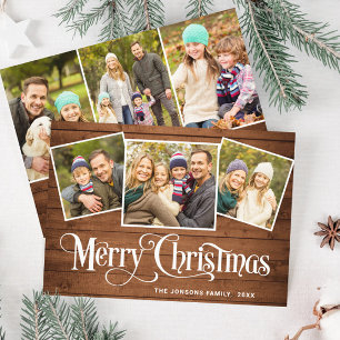 6 PHOTO Christmas Rustic Brown Wood Greeting Holiday Card