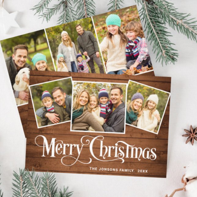6 PHOTO Christmas Rustic Brown Wood Greeting Holiday Card (Creator Uploaded)