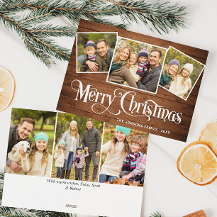 6 PHOTO Christmas Rustic Brown Wood Greeting Holiday Card