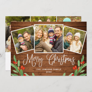 6 PHOTO Christmas Rustic Brown Wood Greeting Holiday Card