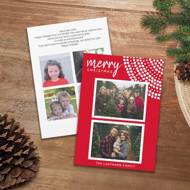 6 photo - Christmas Script and Dots Holiday Card (6 Photo Design - boho dot pattern with 2 photos on the front and 4 on the back)