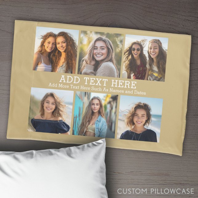 6 Photo Collage 2 Lines of Text -- Pastel Gold Pillowcase (Create Your Own Photo Collage Pillowcase)