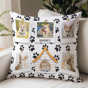 6 Photo Collage Add Name Dog House Paw Prints  Cushion