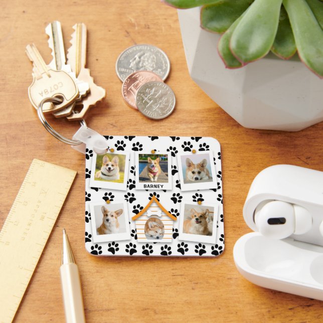 6 Photo Collage Add Name Dog House Paw Prints Key Ring (Desk)