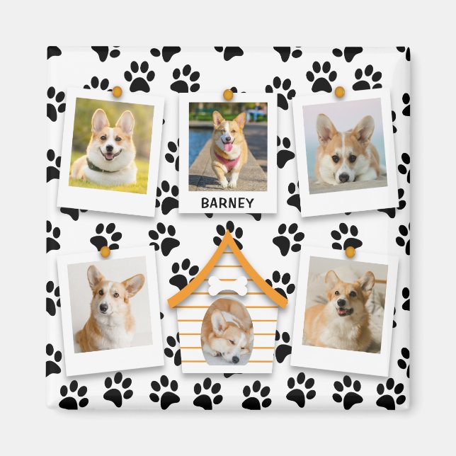 6 Photo Collage Add Name Dog House Paw Prints   Magnet (Front)