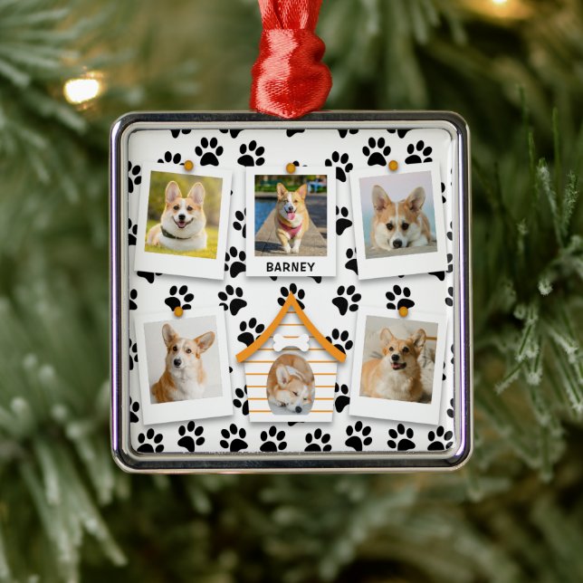 6 Photo Collage Add Name Dog House Paw Prints Metal Ornament (Tree)