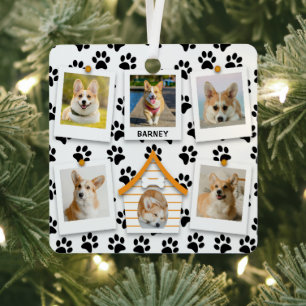 6 Photo Collage Add Name Dog House Paw Prints  Metal Tree Decoration
