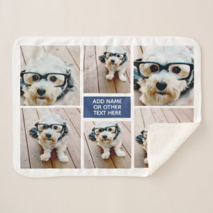6 Photo Collage and Up to 3 Lines of Text - blue Sherpa Blanket
