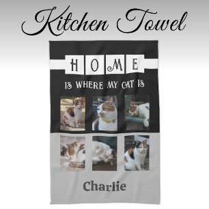 6 photo collage animal lover black grey tea towel