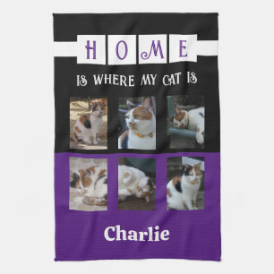 6 photo collage animal lover black purple tea towel