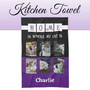 6 photo collage animal lover black purple tea towel