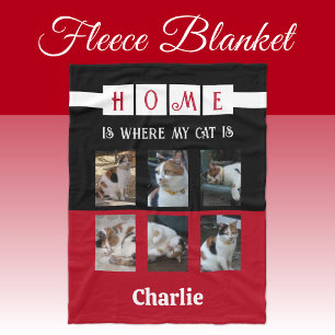 6 photo collage animal lover black red fleece blanket